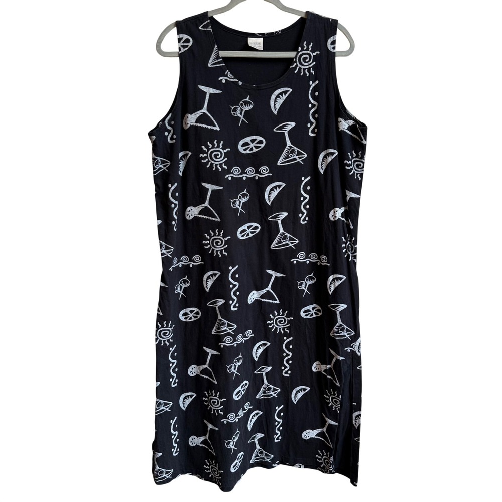 90s Whimsical Sleeveless Midi Dress Women XL Black Cotton Oversized Nautical VTG